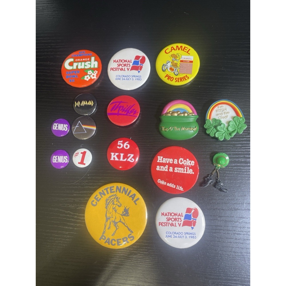 Vintage Pinback Button Lot Coke Camel Pink Floyd Def Leppard 16pc